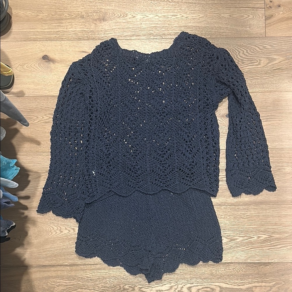 Navy Crochet Knit Top and Shorts Set